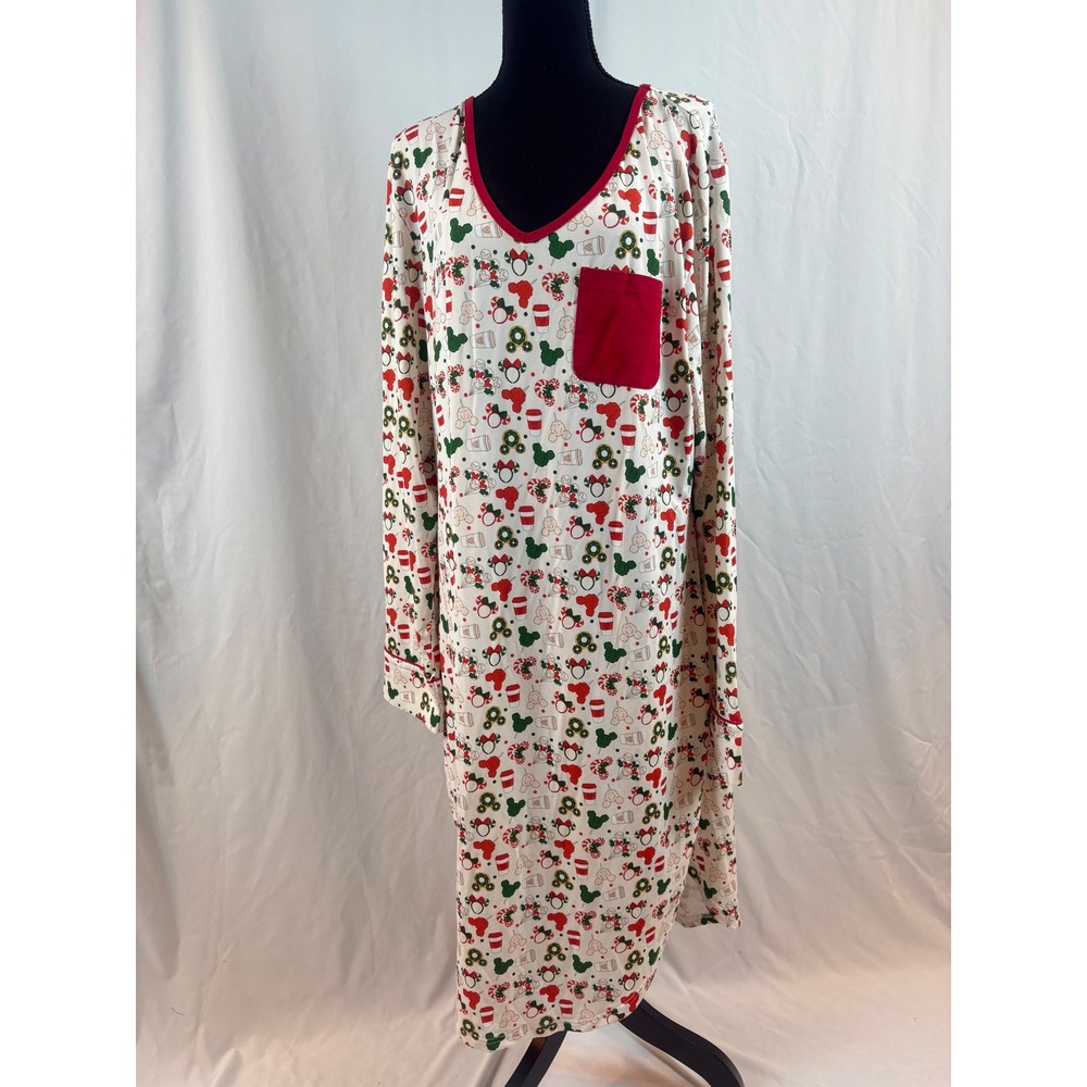 Mickey Minnie Mouse Holiday Christmas Nightgown‎ Long Sleeve White Red 2XL